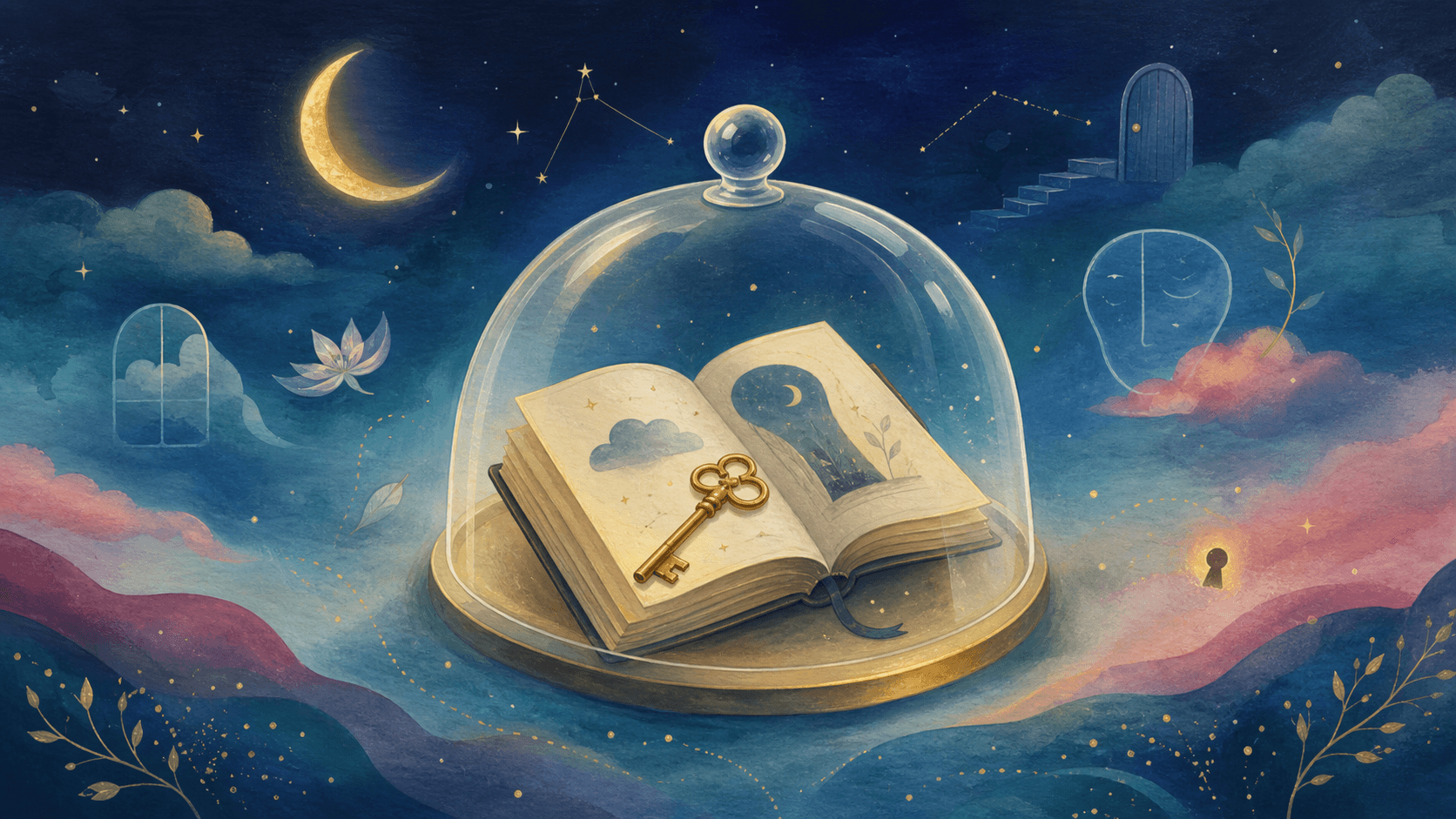 Illustration onirique d'un journal de rêves protégé sous une cloche de verre par une petite clé