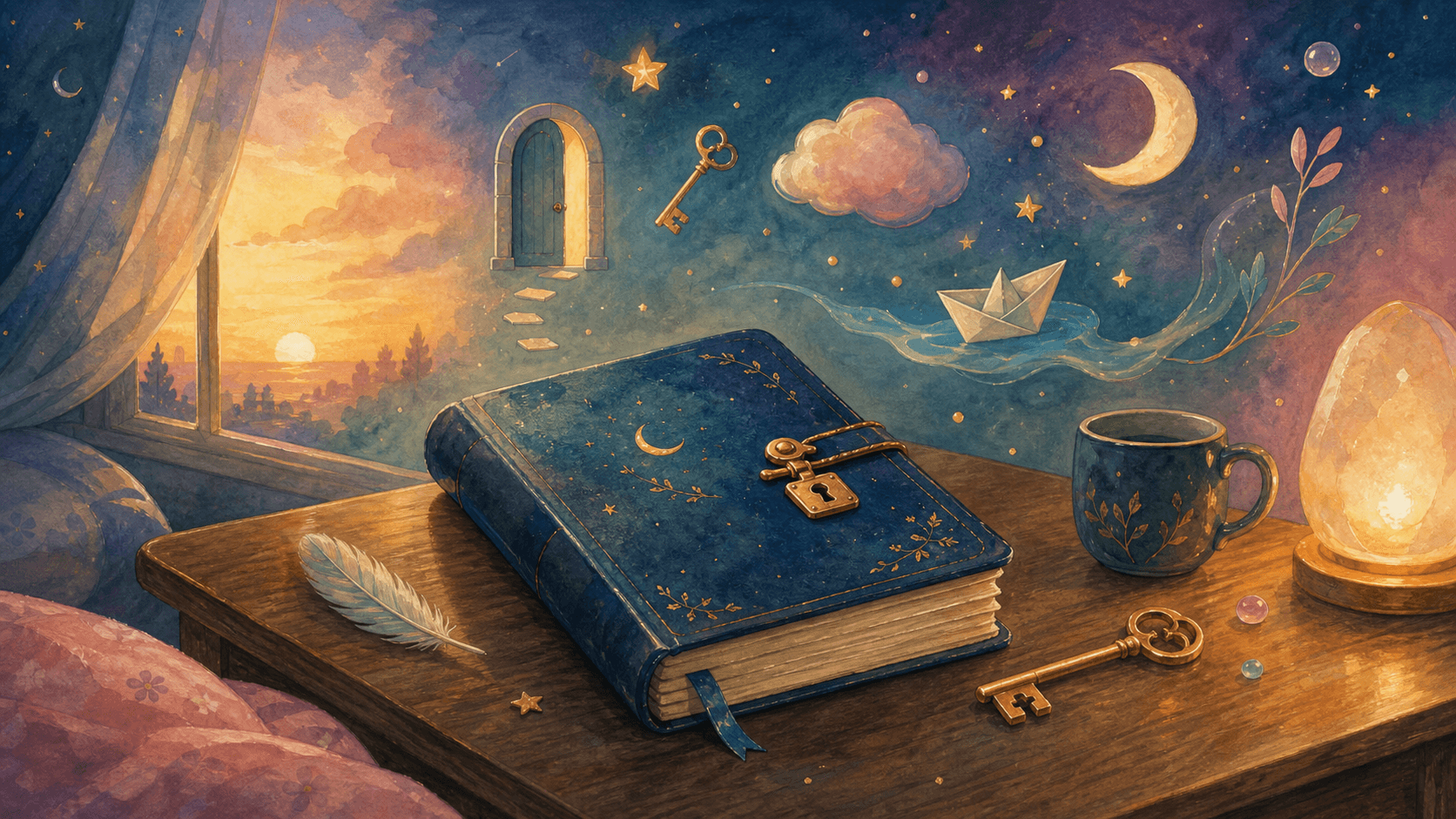 Illustration onirique d'un journal de rêves privé verrouillé sur une table de nuit