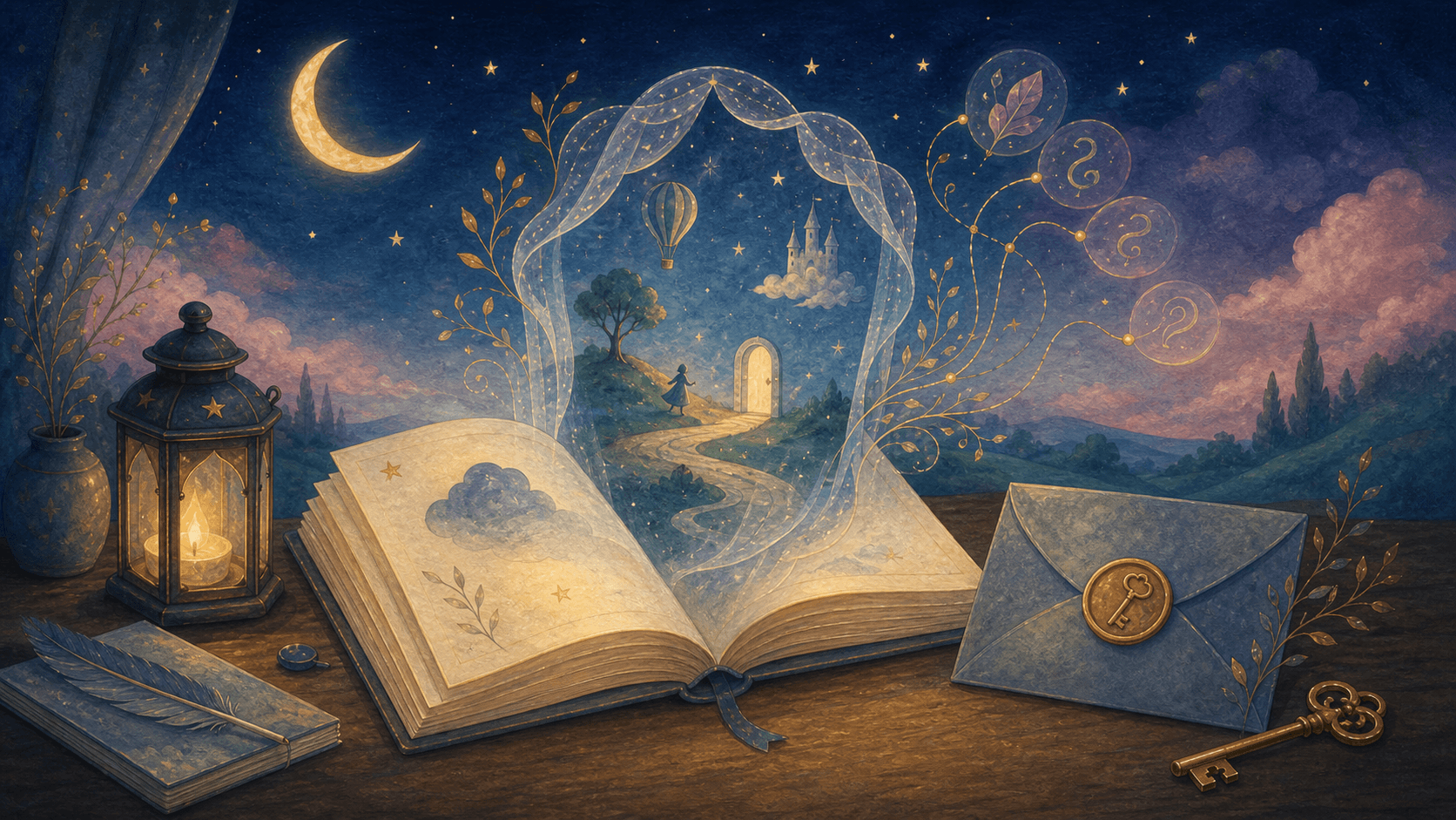 Illustration onirique d'une première analyse de rêve en bêta privée, ouverte comme un carnet sous la lune