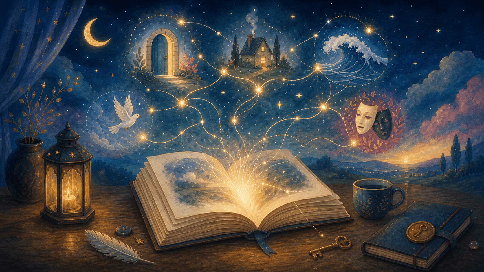 Illustration onirique d'un journal de rêves relié à des symboles par une constellation lumineuse